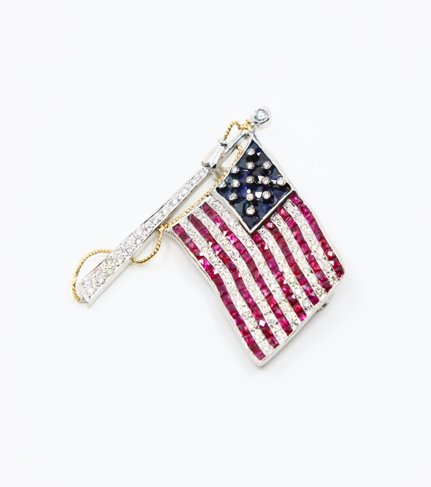 Vintage 18K White Gold Ruby Sapphire Diamonds America Flag Brooch
