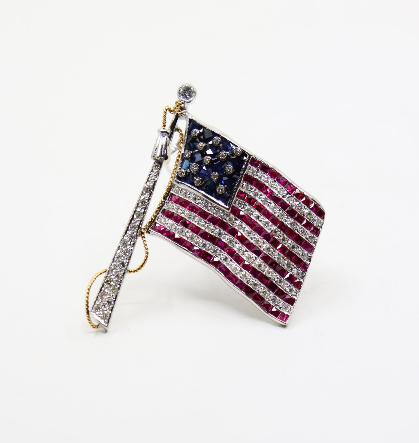 Vintage 18K White Gold Ruby Sapphire Diamonds America Flag Brooch