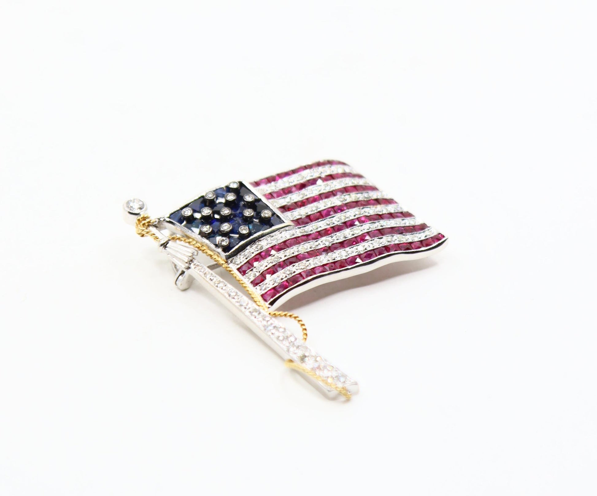 Vintage 18K White Gold Ruby Sapphire Diamonds America Flag Brooch