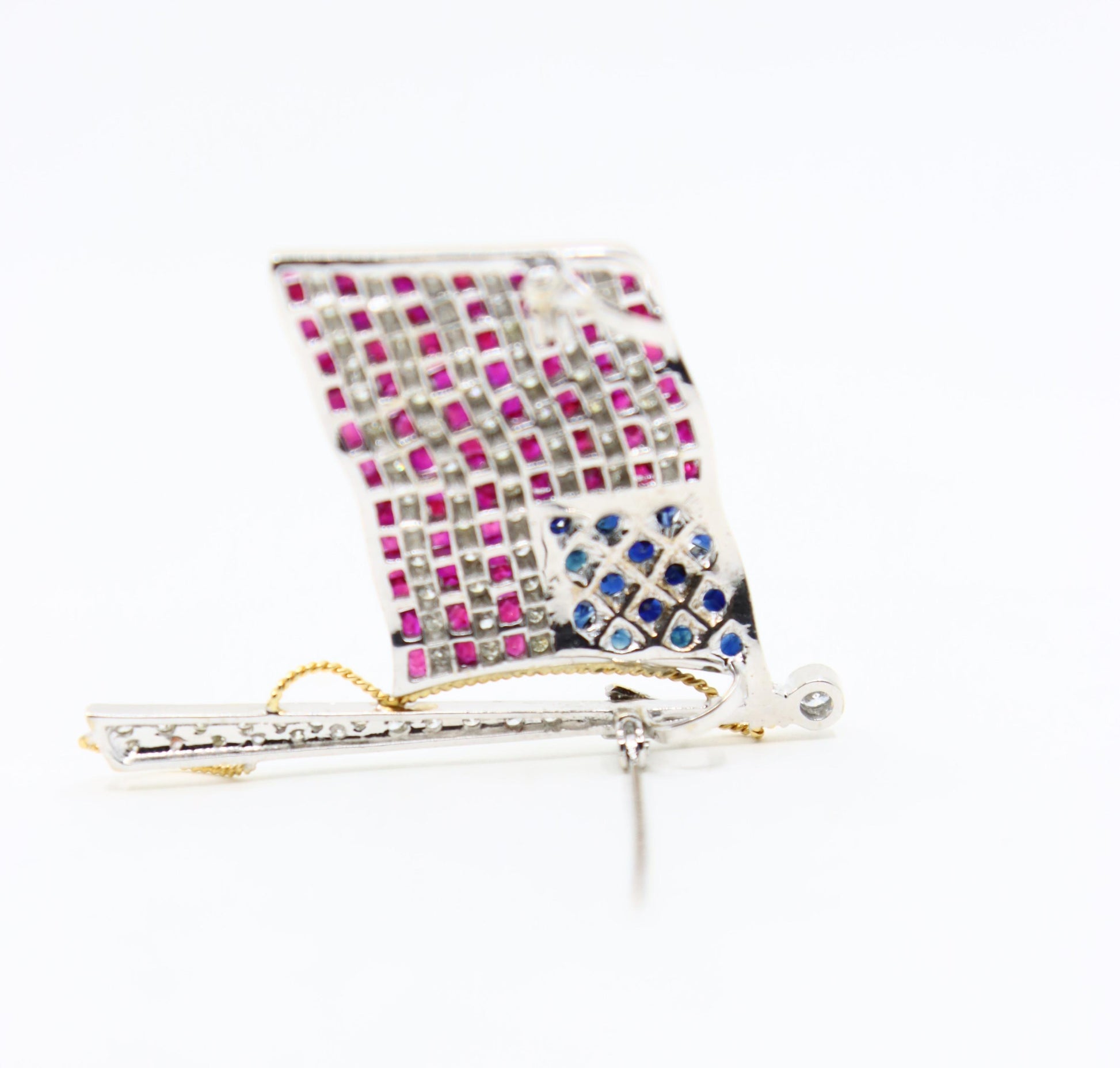 Vintage 18K White Gold Ruby Sapphire Diamonds America Flag Brooch