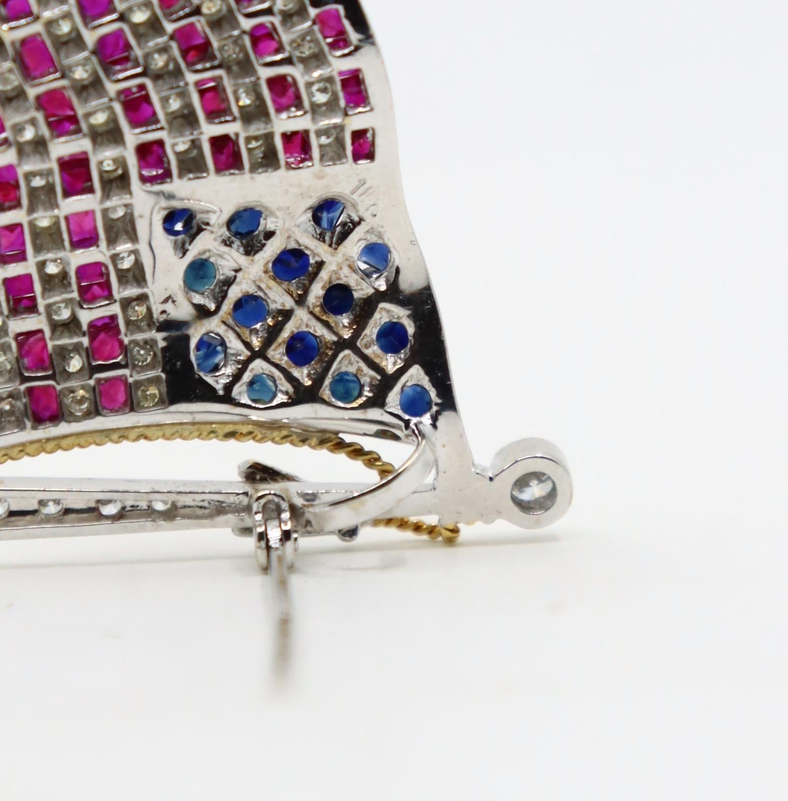 Vintage 18K White Gold Ruby Sapphire Diamonds America Flag Brooch