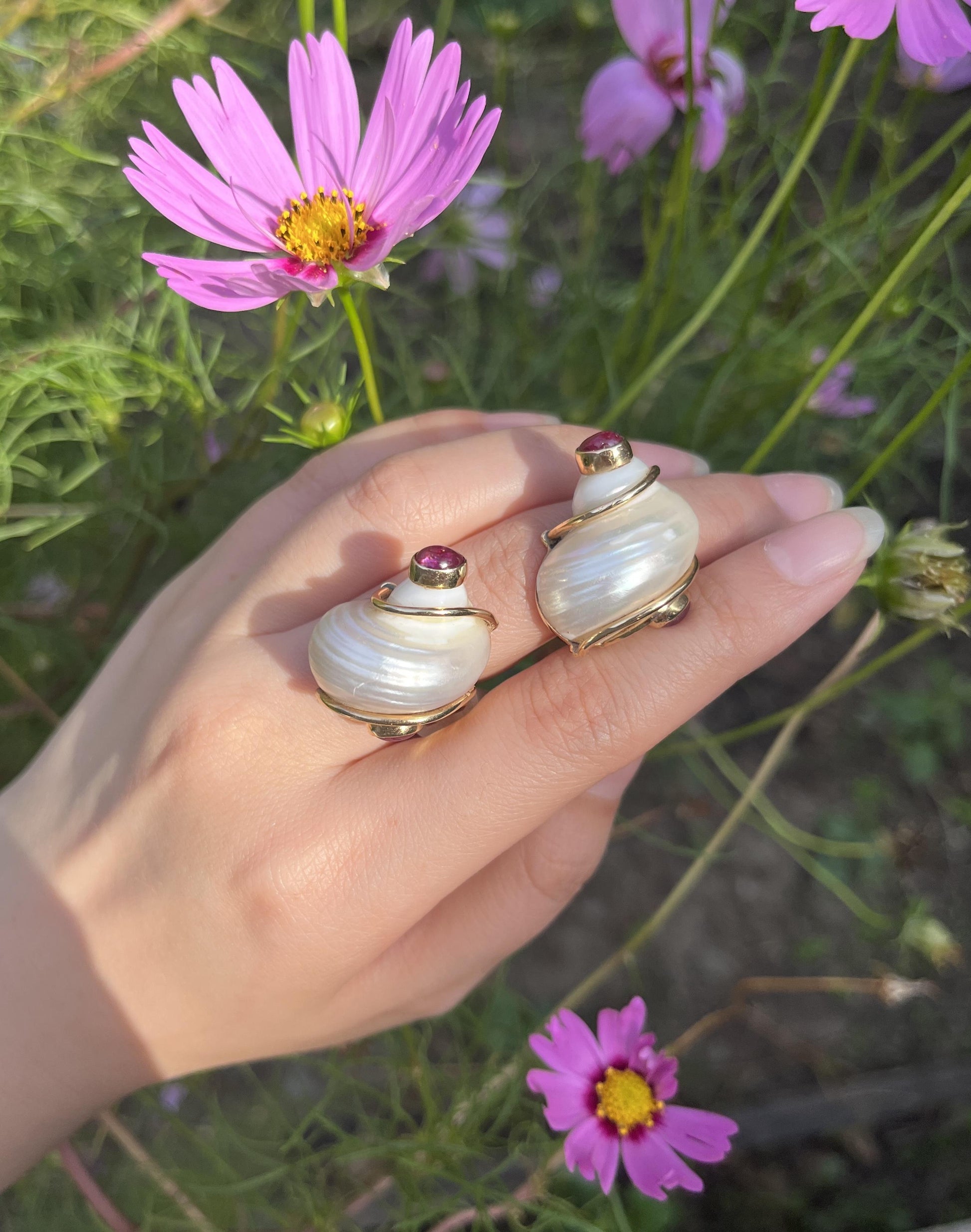 Seaman Schepps 14K Gold Ruby Turbo Shell Earrings