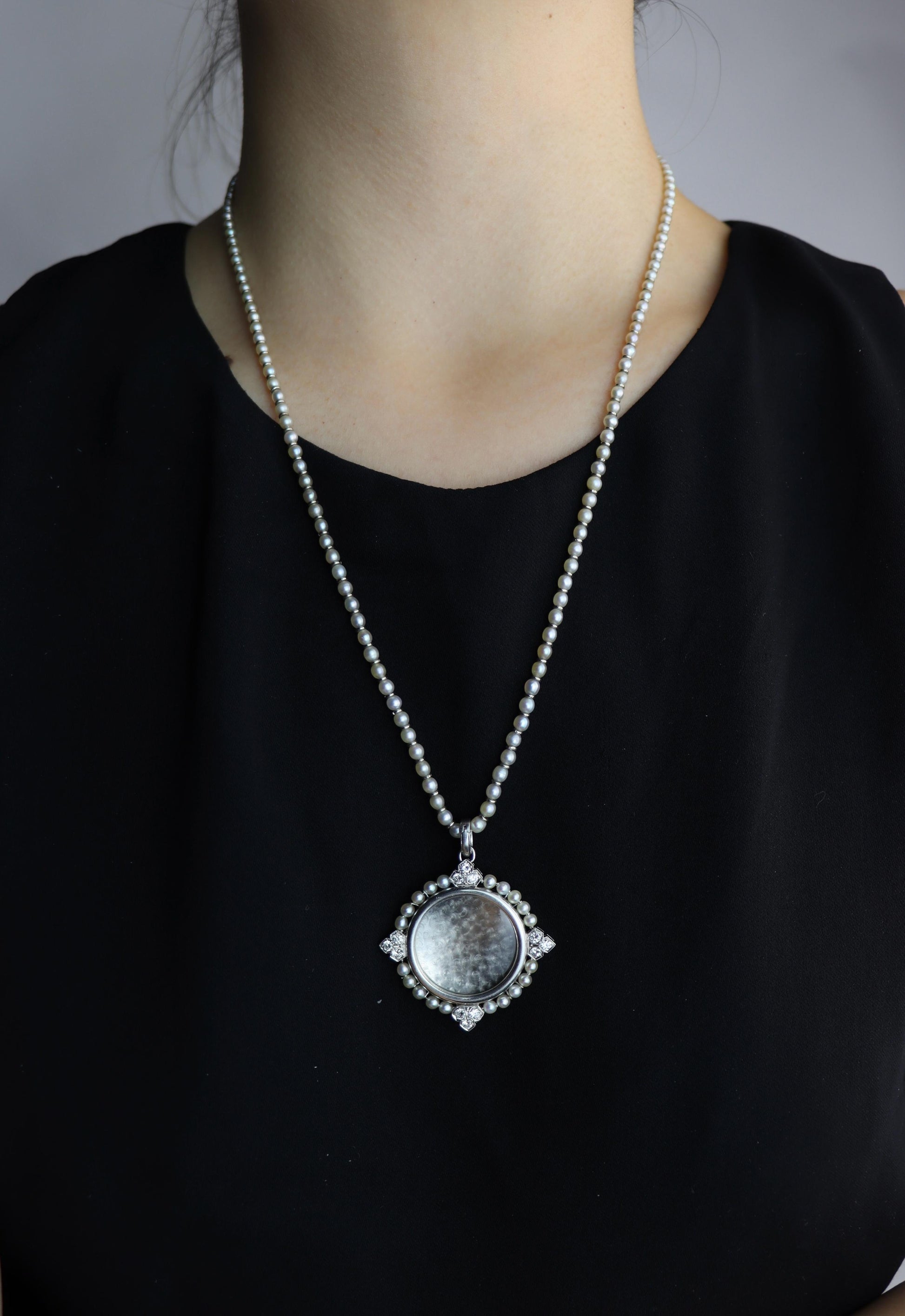 Rare Art Deco Platinum Natural Pearl Diamond Locket Pendant Necklace