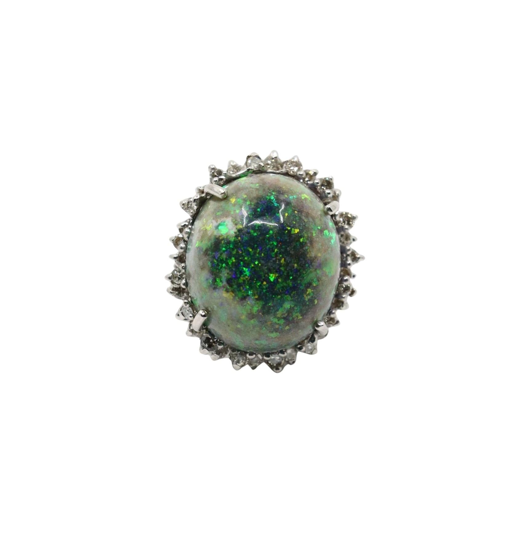 Vintage 14K White Gold Diamond Black Opal Cabochon Ring