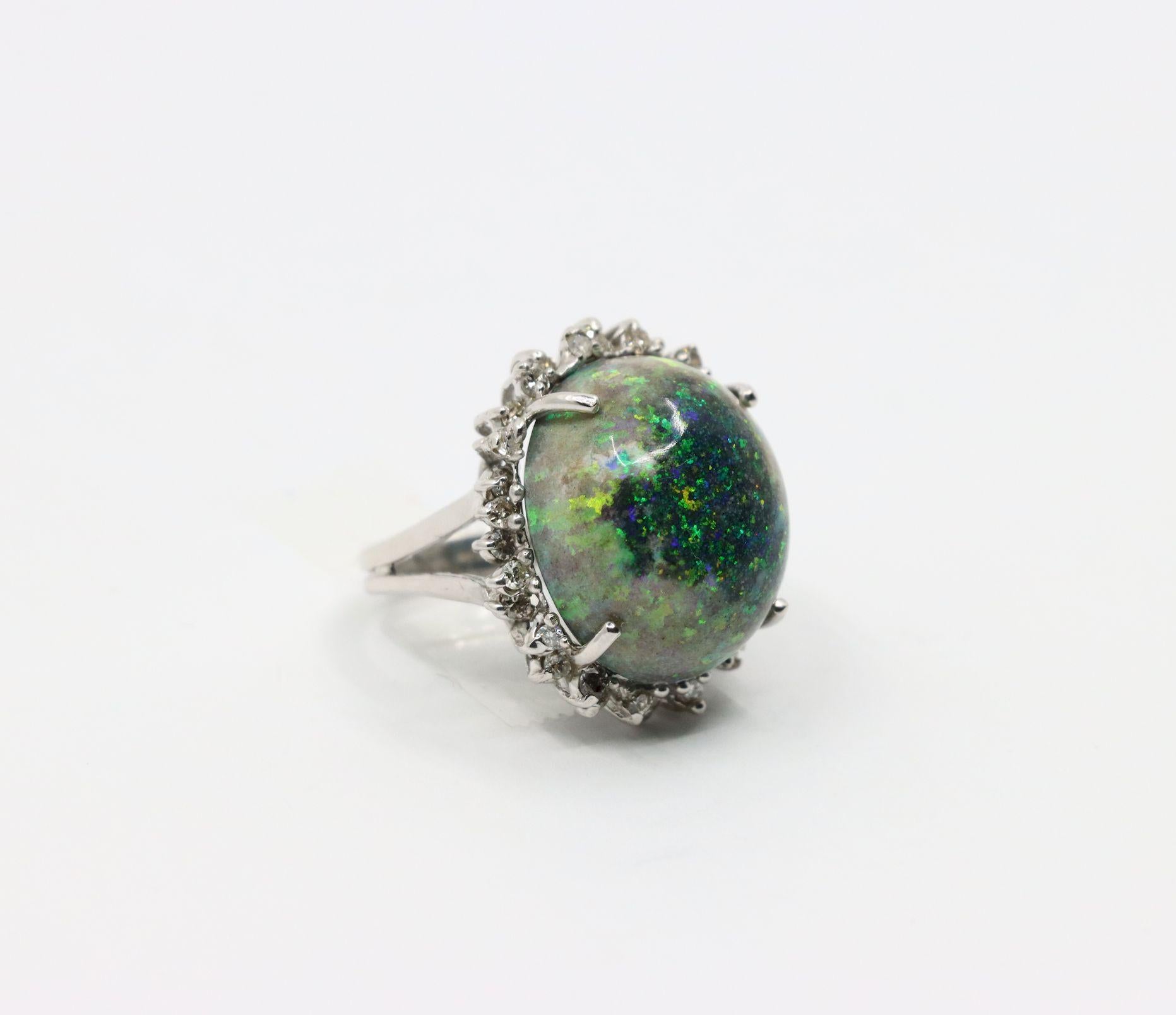 Vintage 14K White Gold Diamond Black Opal Cabochon Ring