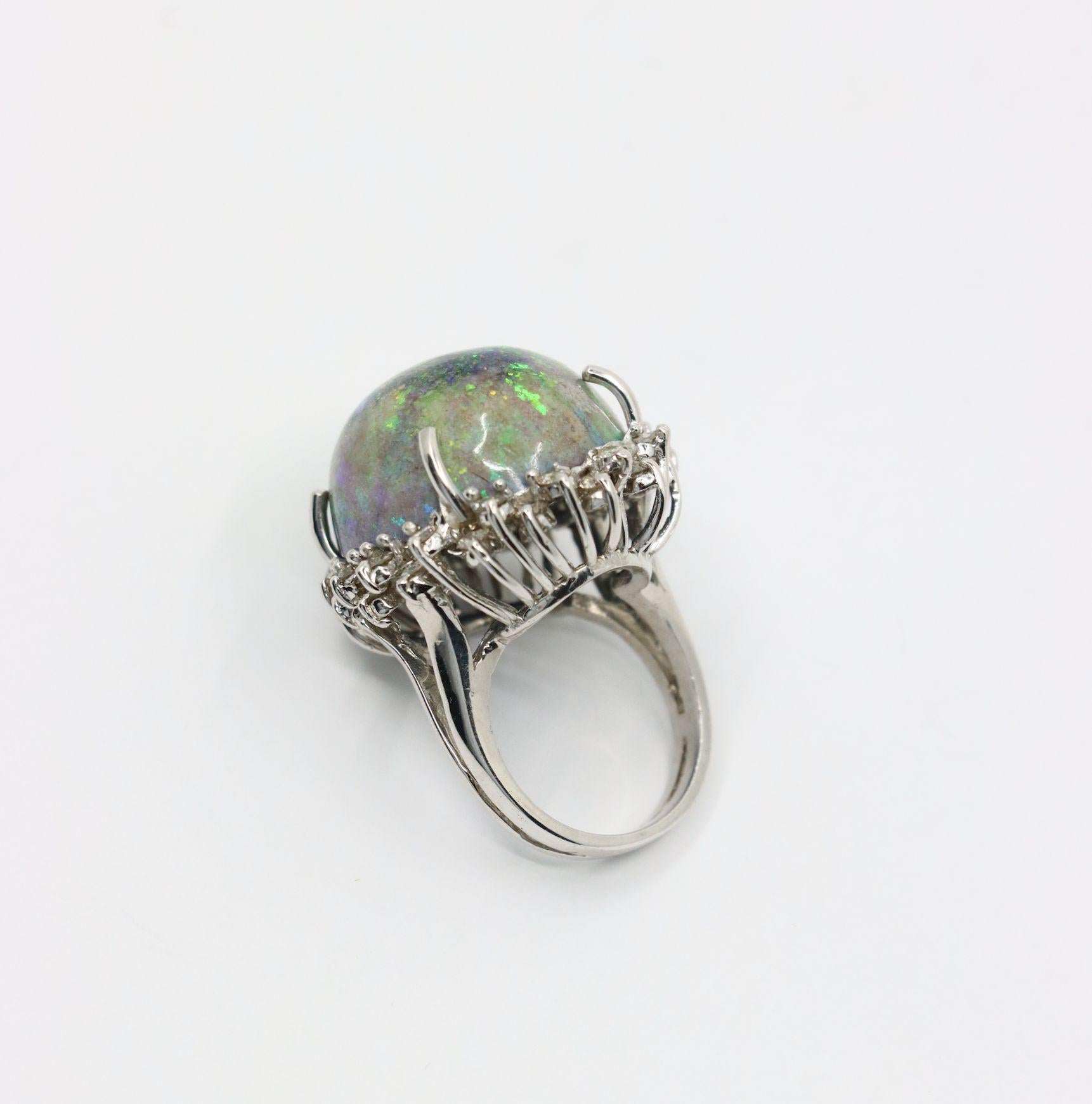 Vintage 14K White Gold Diamond Black Opal Cabochon Ring