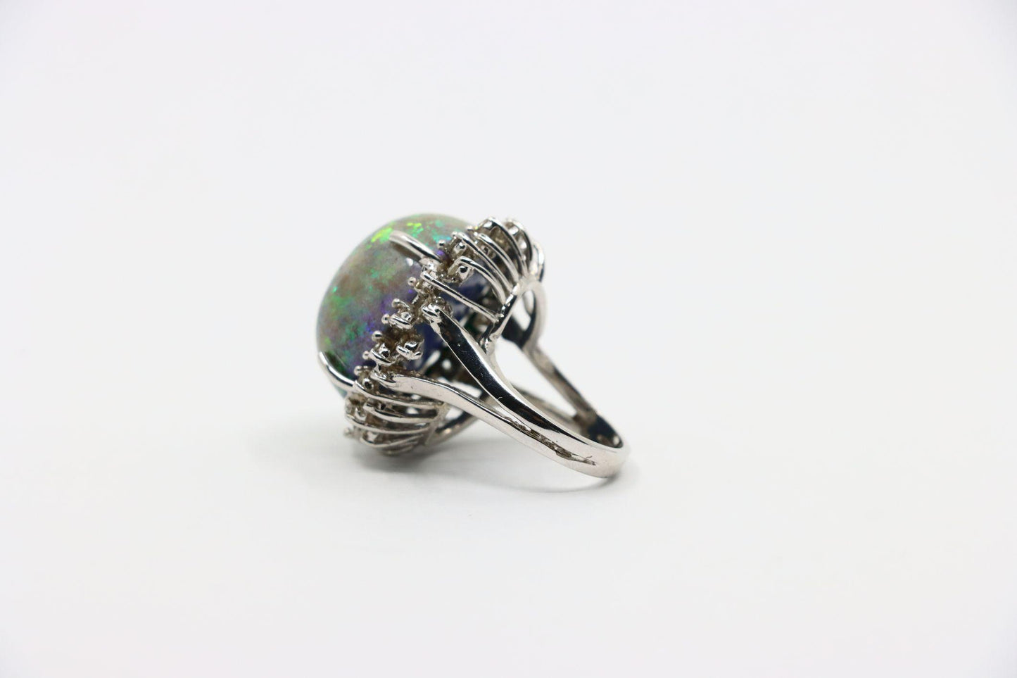 Vintage 14K White Gold Diamond Black Opal Cabochon Ring