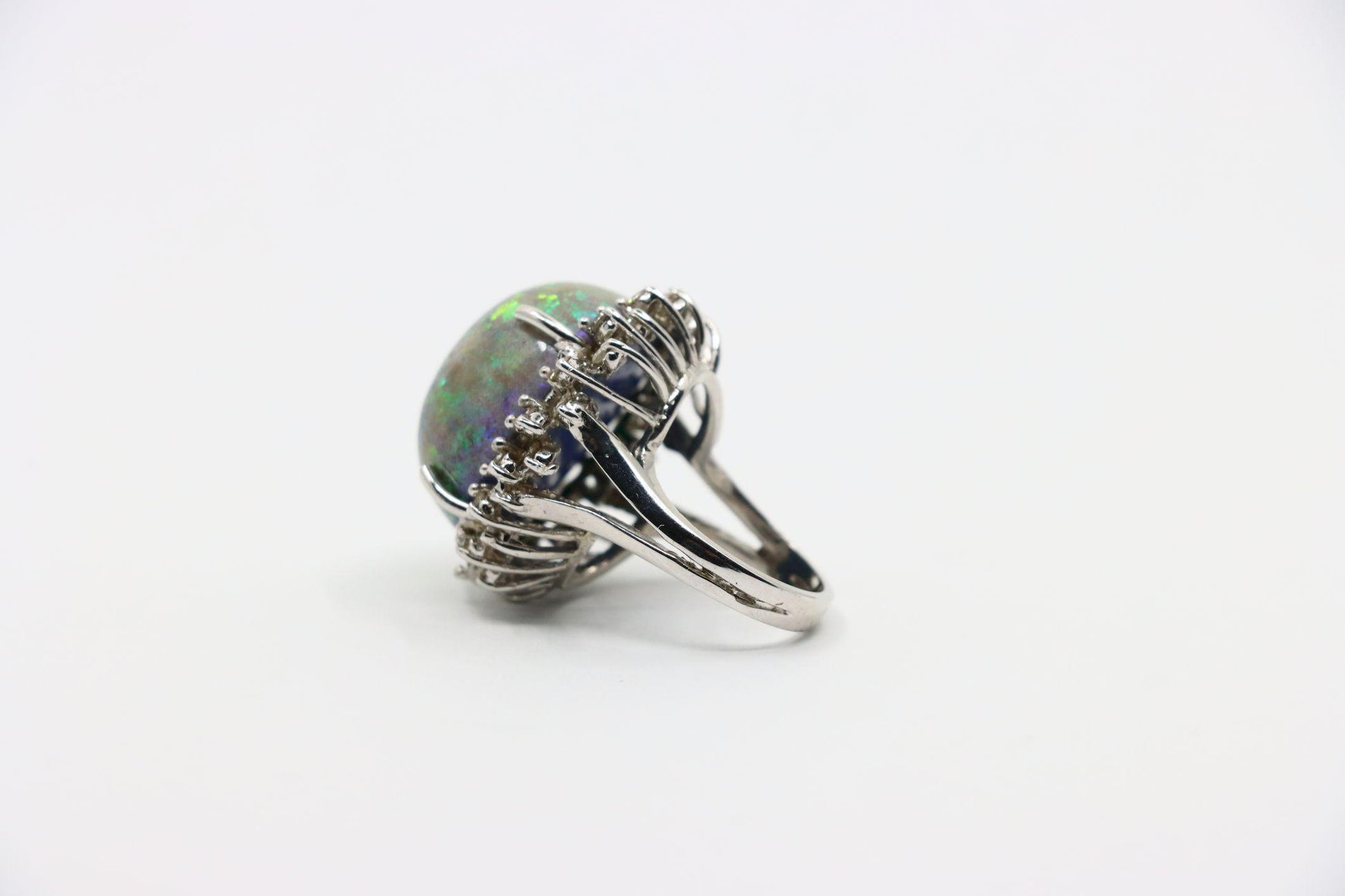 Vintage 14K White Gold Diamond Black Opal Cabochon Ring