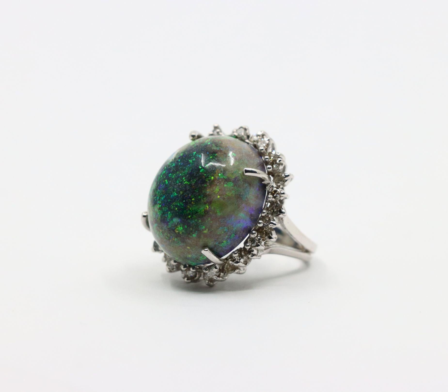 Vintage 14K White Gold Diamond Black Opal Cabochon Ring