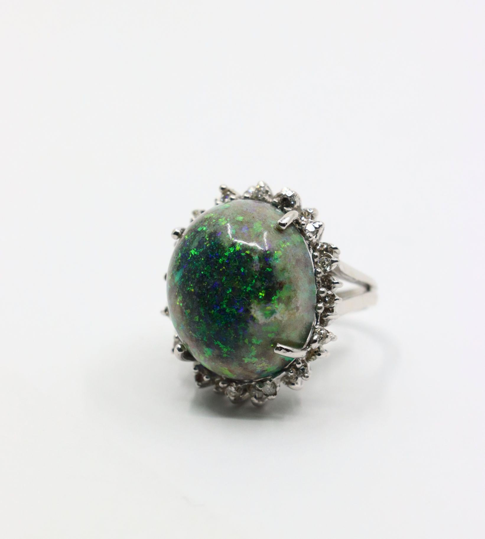 Vintage 14K White Gold Diamond Black Opal Cabochon Ring