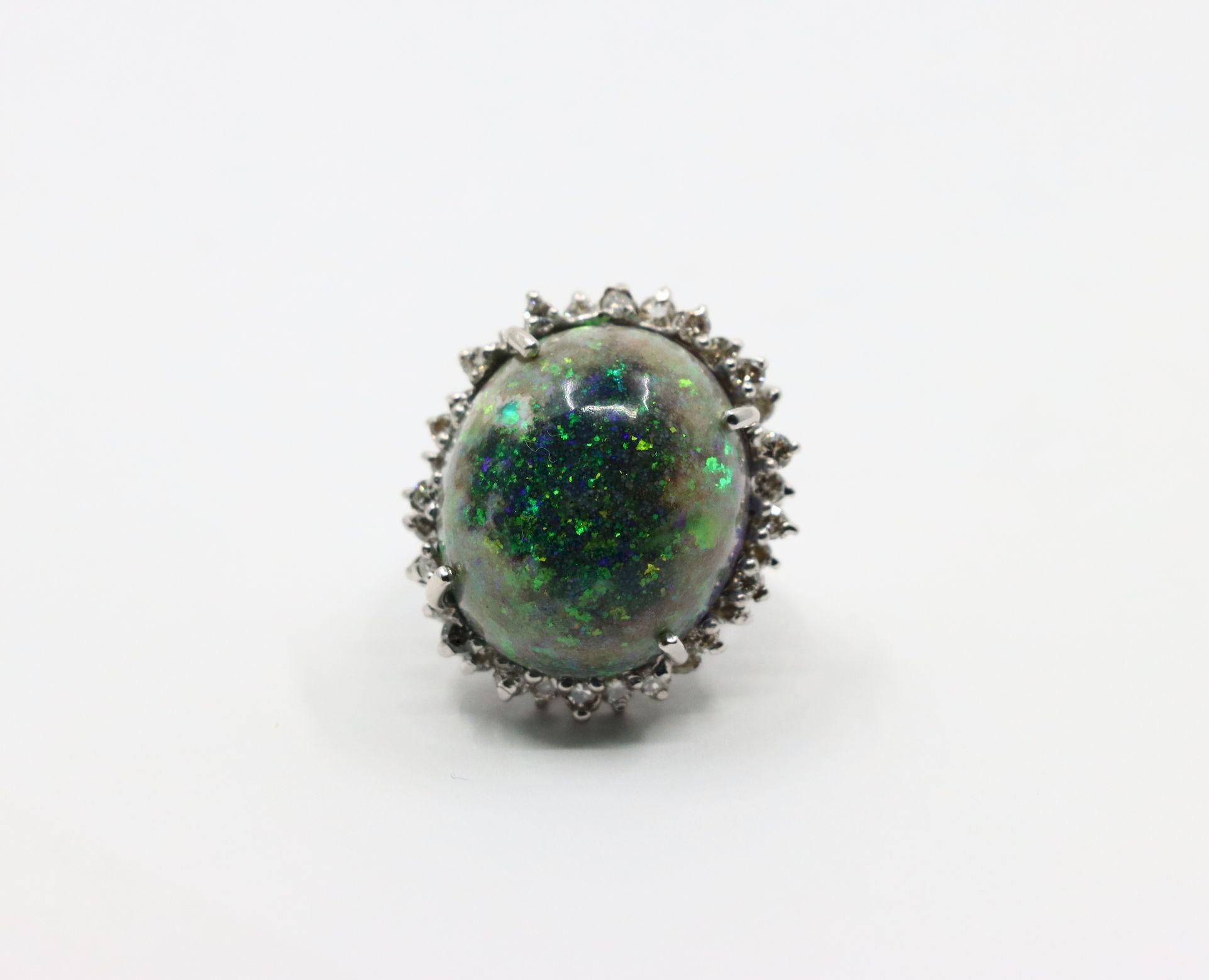 Vintage 14K White Gold Diamond Black Opal Cabochon Ring
