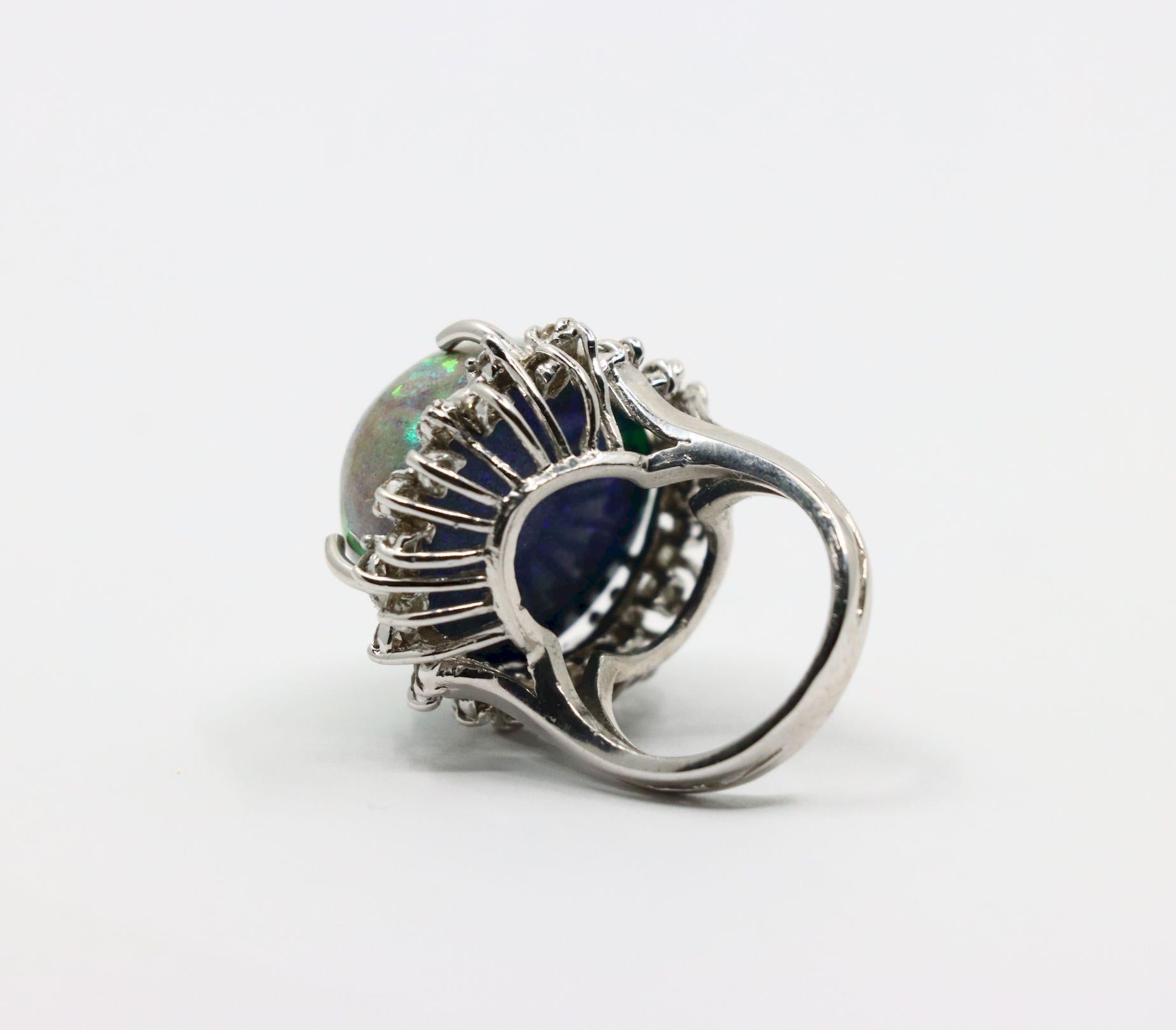 Vintage 14K White Gold Diamond Black Opal Cabochon Ring
