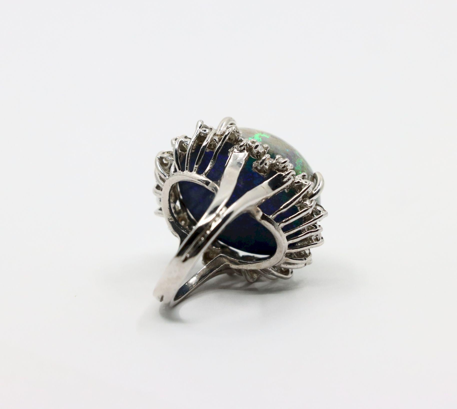 Vintage 14K White Gold Diamond Black Opal Cabochon Ring