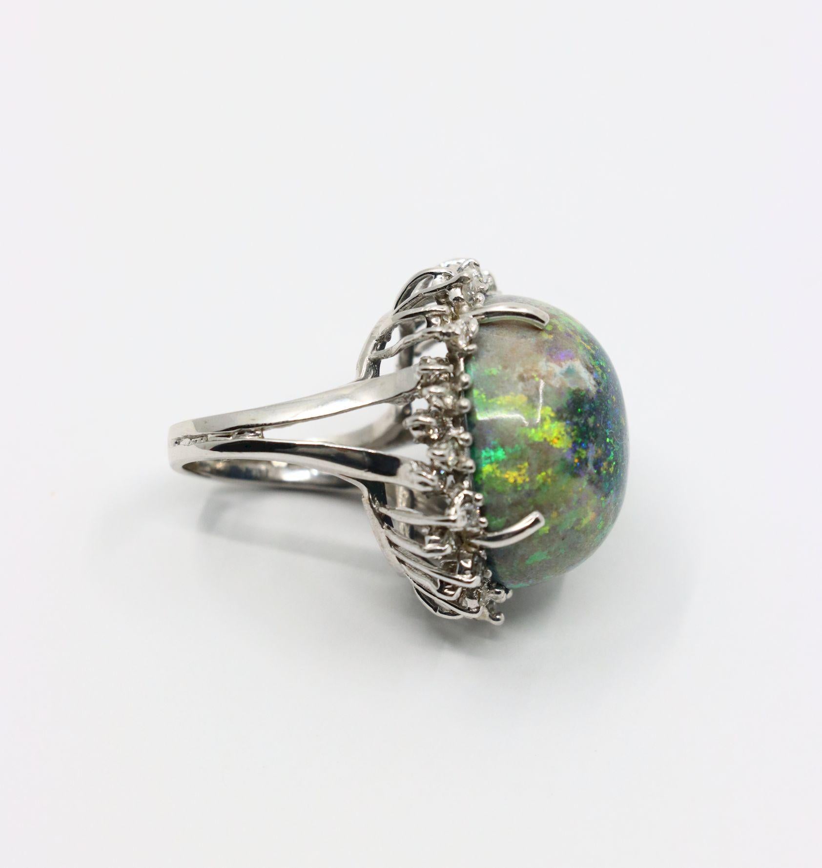 Vintage 14K White Gold Diamond Black Opal Cabochon Ring