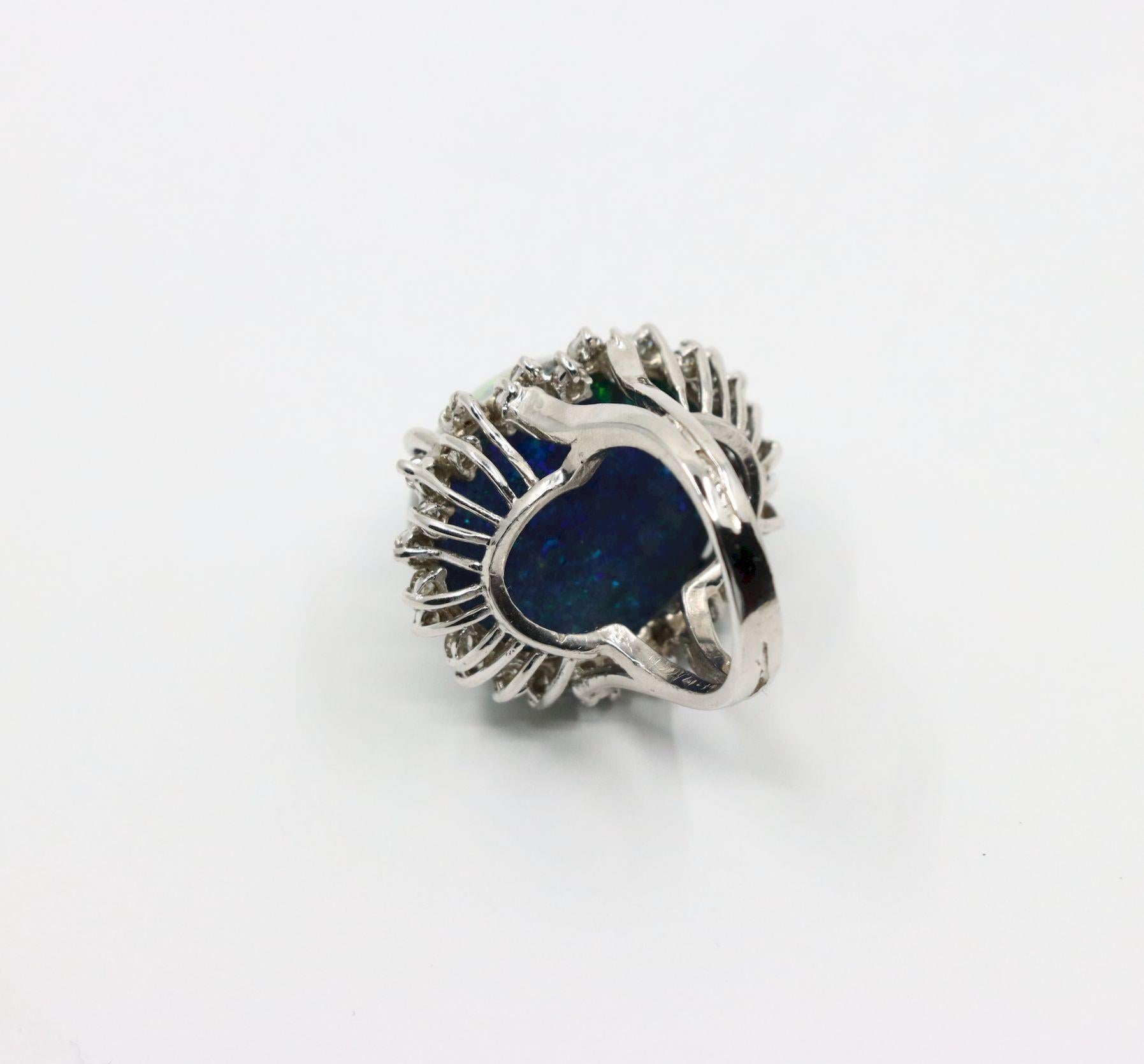Vintage 14K White Gold Diamond Black Opal Cabochon Ring
