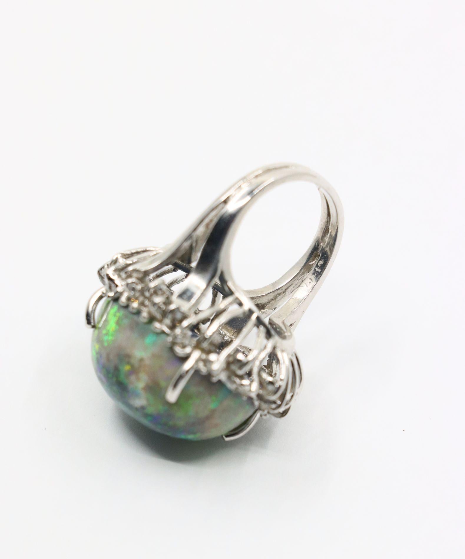 Vintage 14K White Gold Diamond Black Opal Cabochon Ring