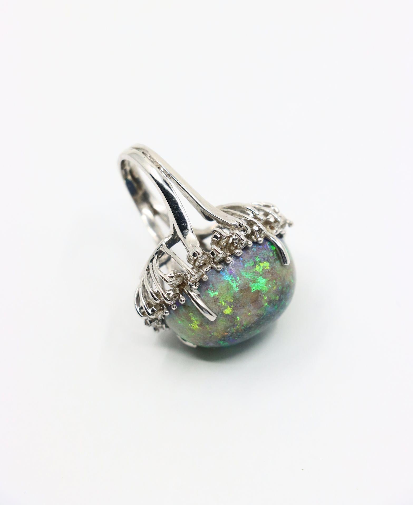 Vintage 14K White Gold Diamond Black Opal Cabochon Ring