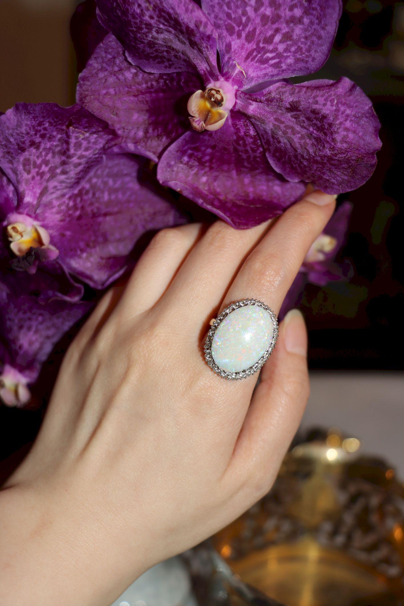 Vintage 14K White Gold Diamond Opal Cocktail Ring