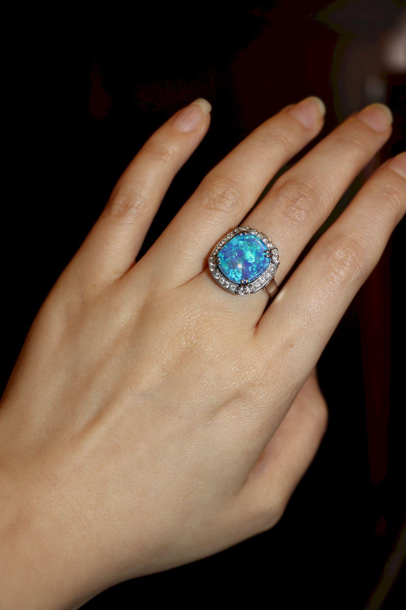 Vintage Platinum Diamond Boulder Opal Ring