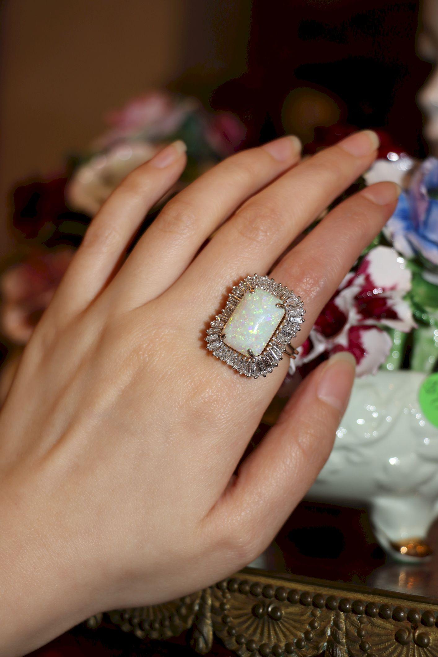 Vintage 14K White Gold Diamond Opal Ballerina Ring