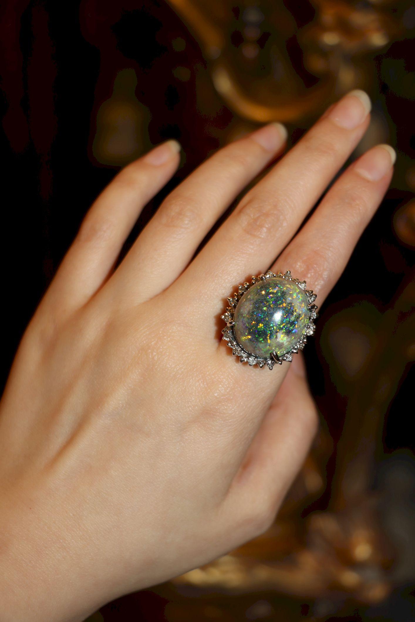 Vintage 14K White Gold Diamond Black Opal Cabochon Ring