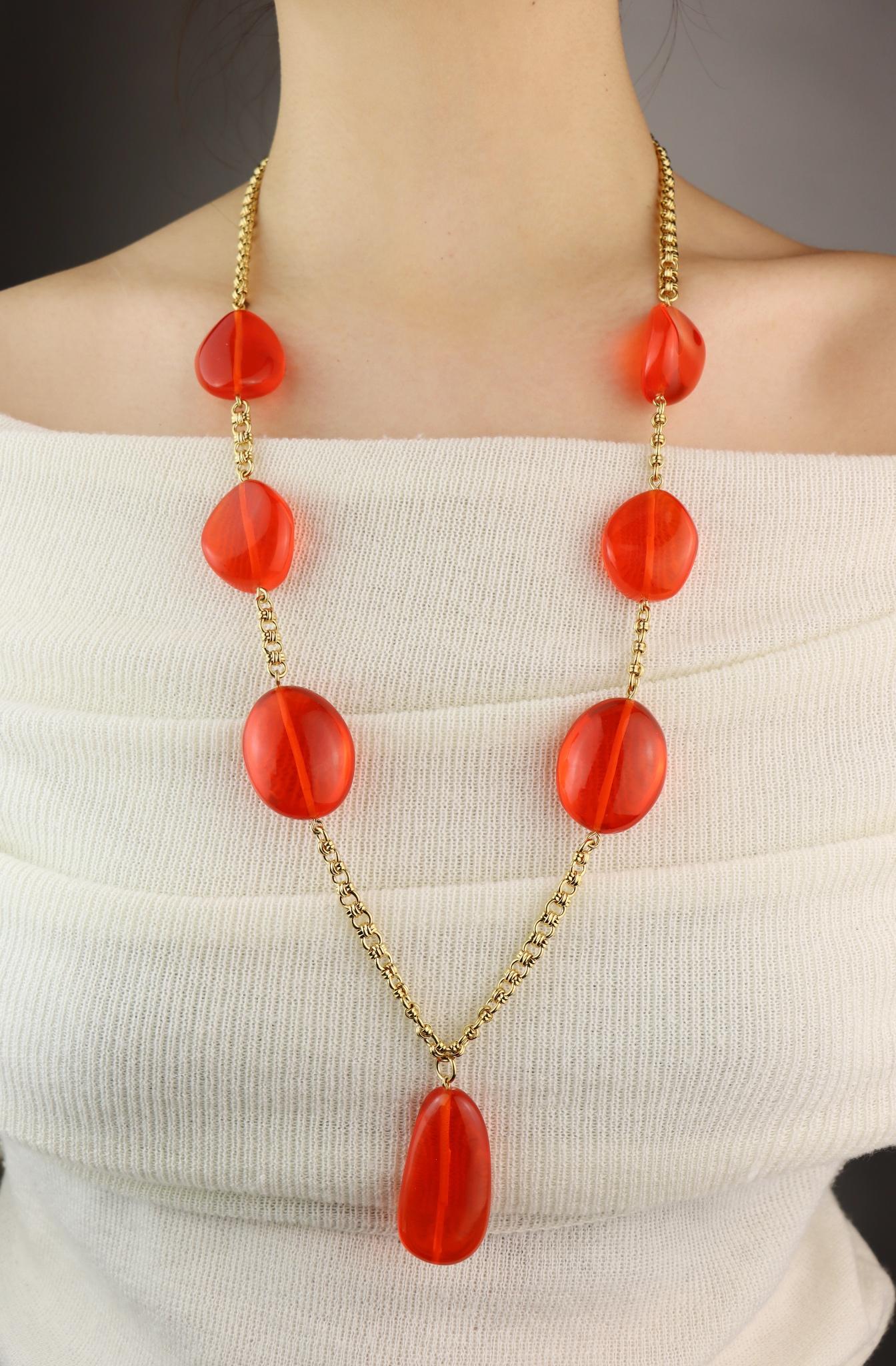 Vintage KJL Gold Tone Red Resin Chain Necklace