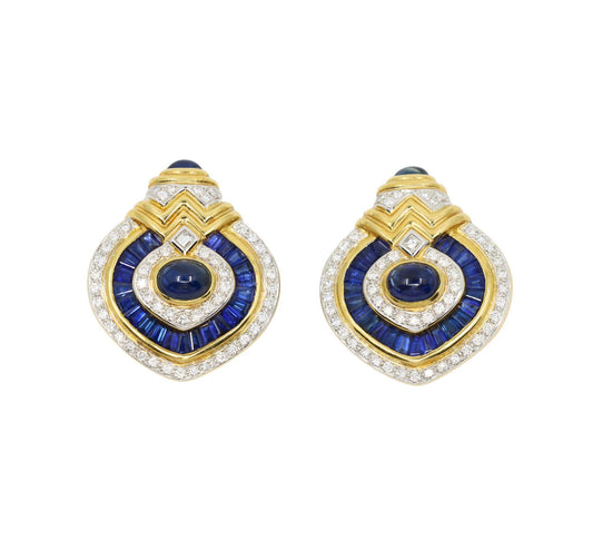 Vintage 18K Gold Diamond  Sapphire Earrings