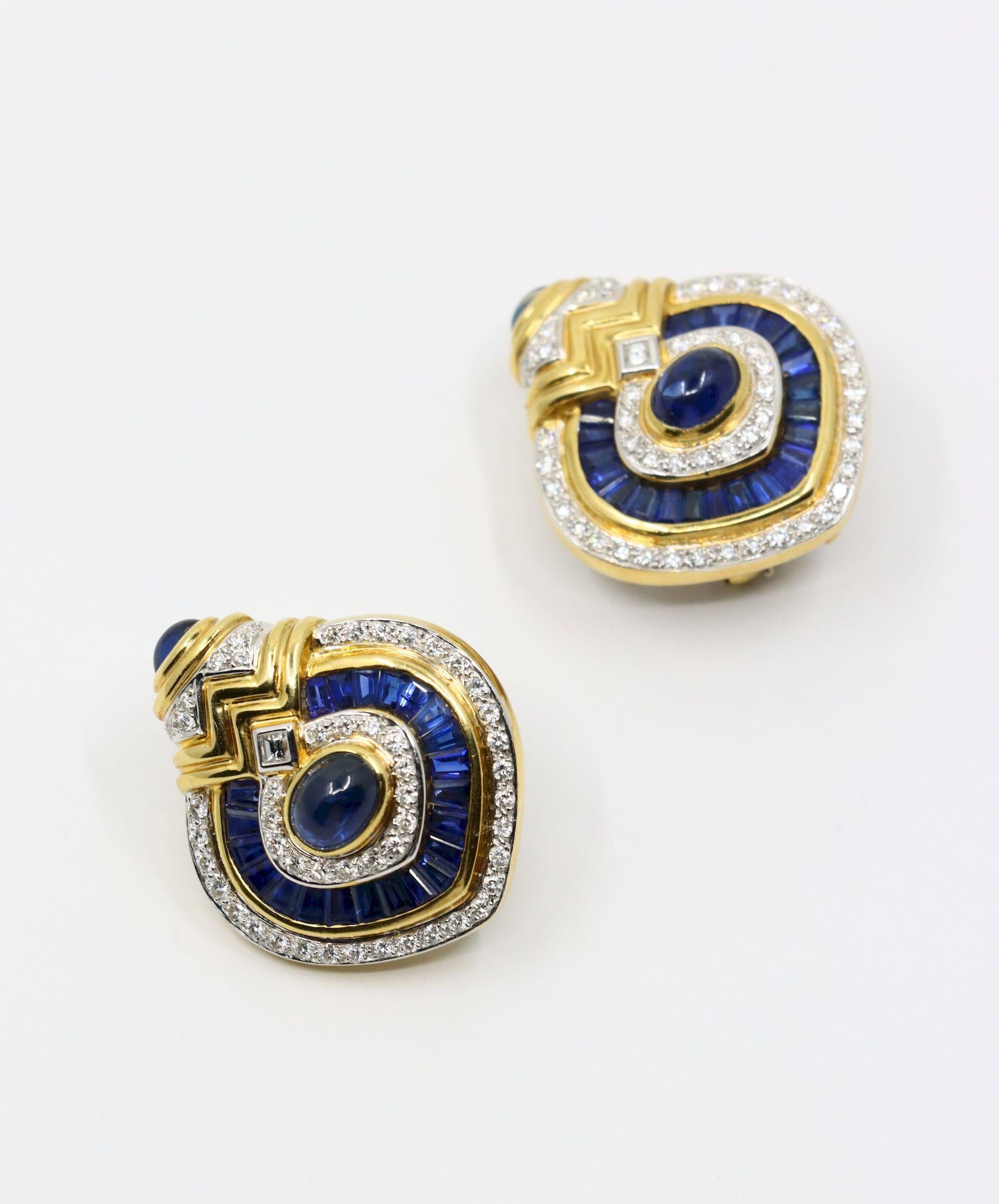 Vintage 18K Gold Diamond  Sapphire Earrings
