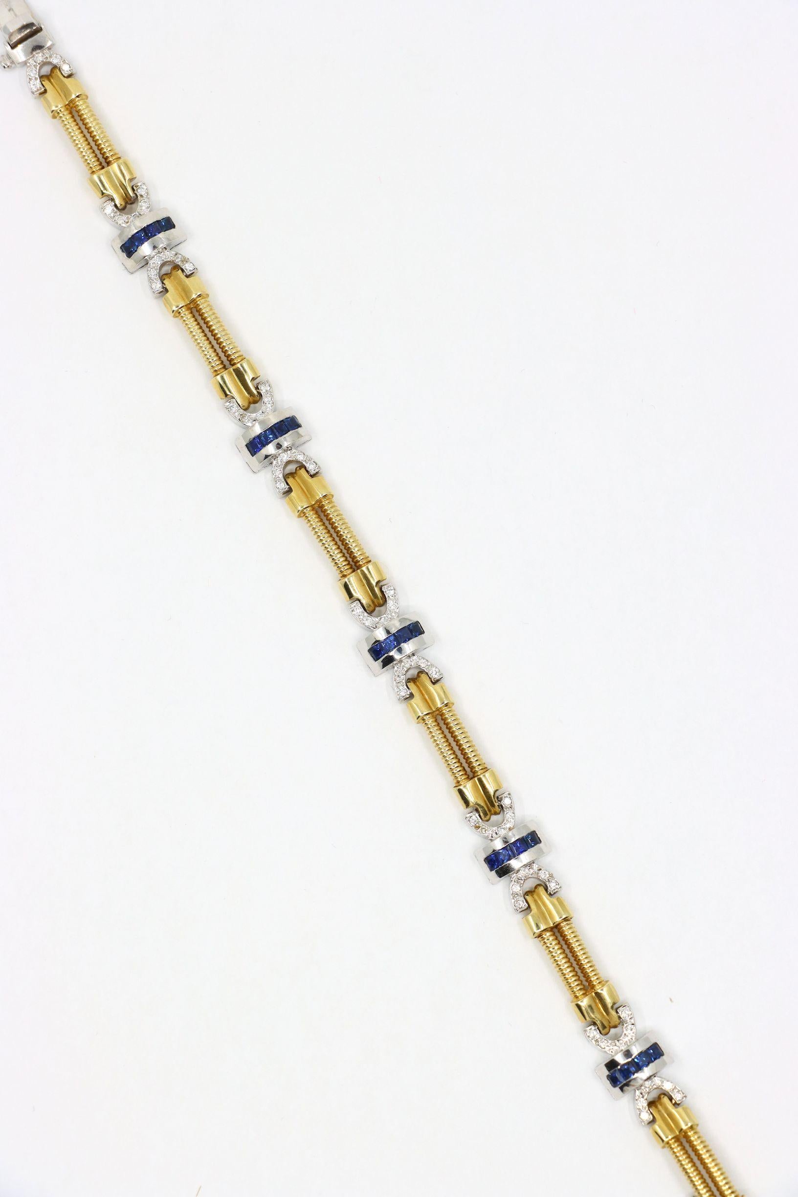 Vintage 14K Yellow & White Gold Diamond Sapphire Bracelet