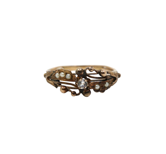 Vintage 14K Gold Diamond Pearl Ring
