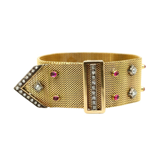 Antique Victorian 18K Gold Ruby Diamond Belt Bracelet