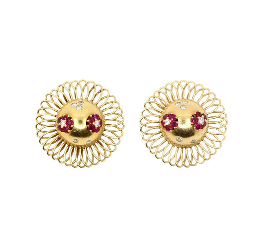 Retro 14K Gold Ruby Diamond Sunflower Earrings
