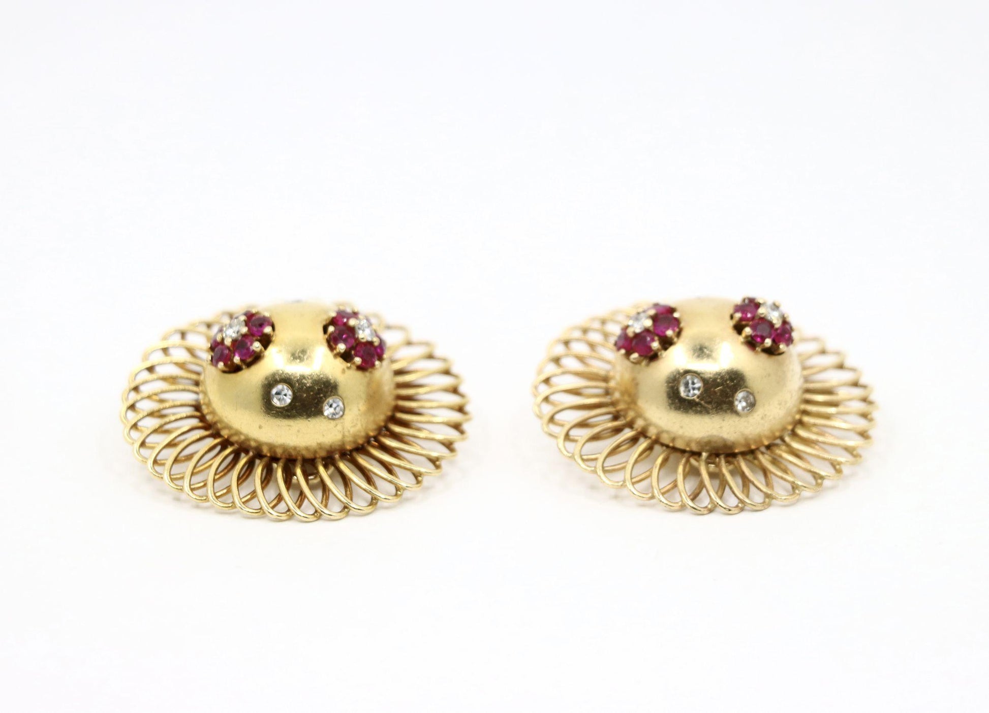 Retro 14K Gold Ruby Diamond Sunflower Earrings
