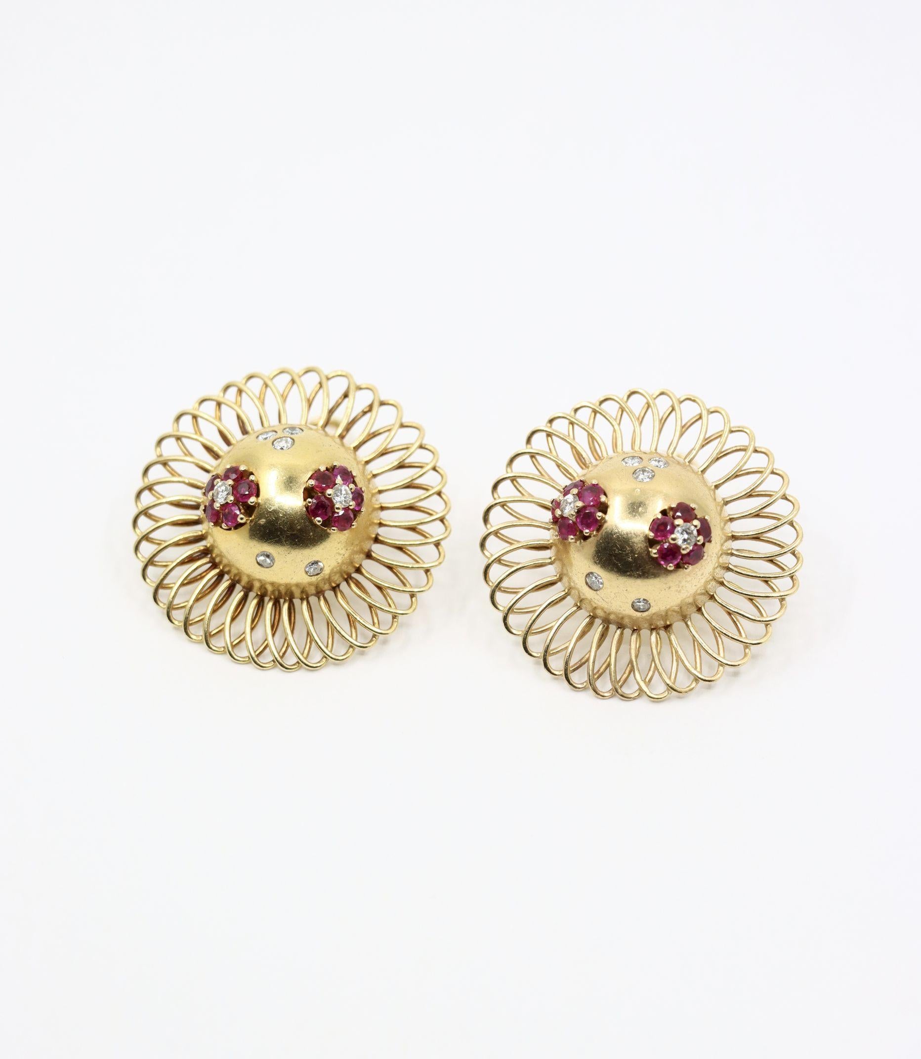 Retro 14K Gold Ruby Diamond Sunflower Earrings