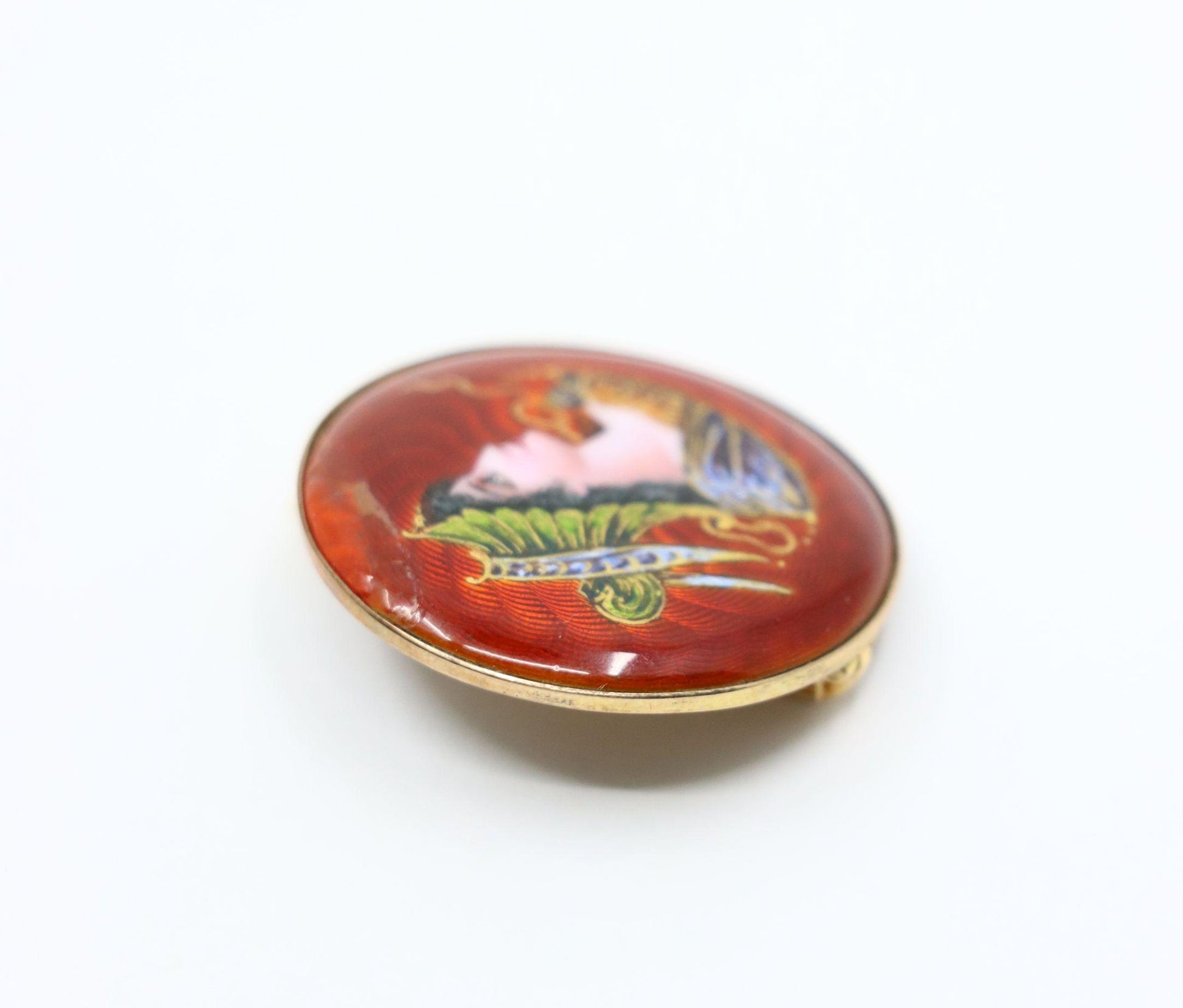 Vintage 14K Gold Enamel Painted Brooch Pin