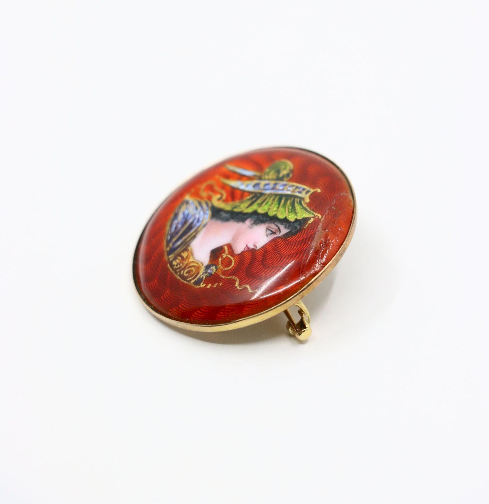 Vintage 14K Gold Enamel Painted Brooch Pin