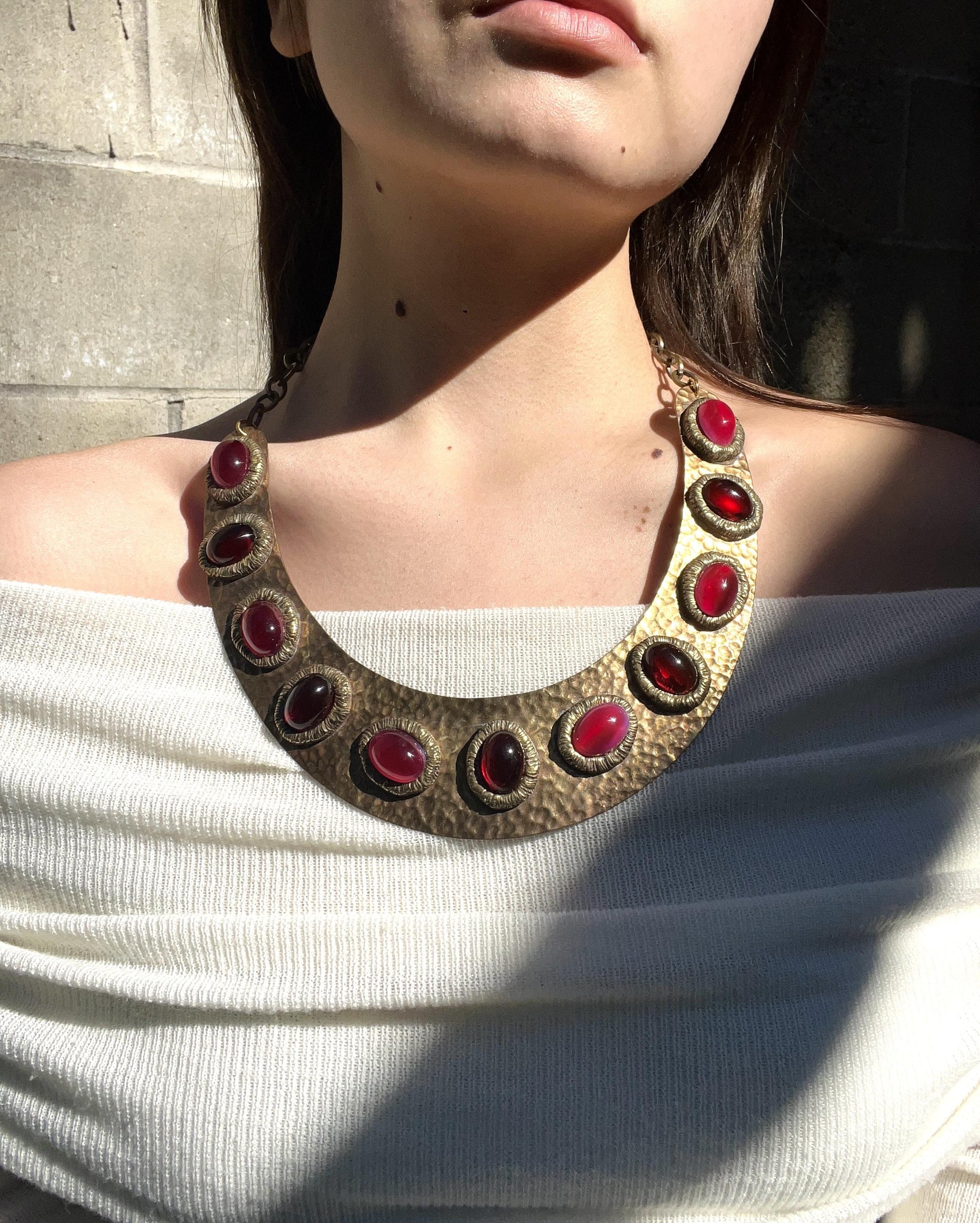 Darren Manes Gold Tone Red Gripoix Cabochons Statement Necklace