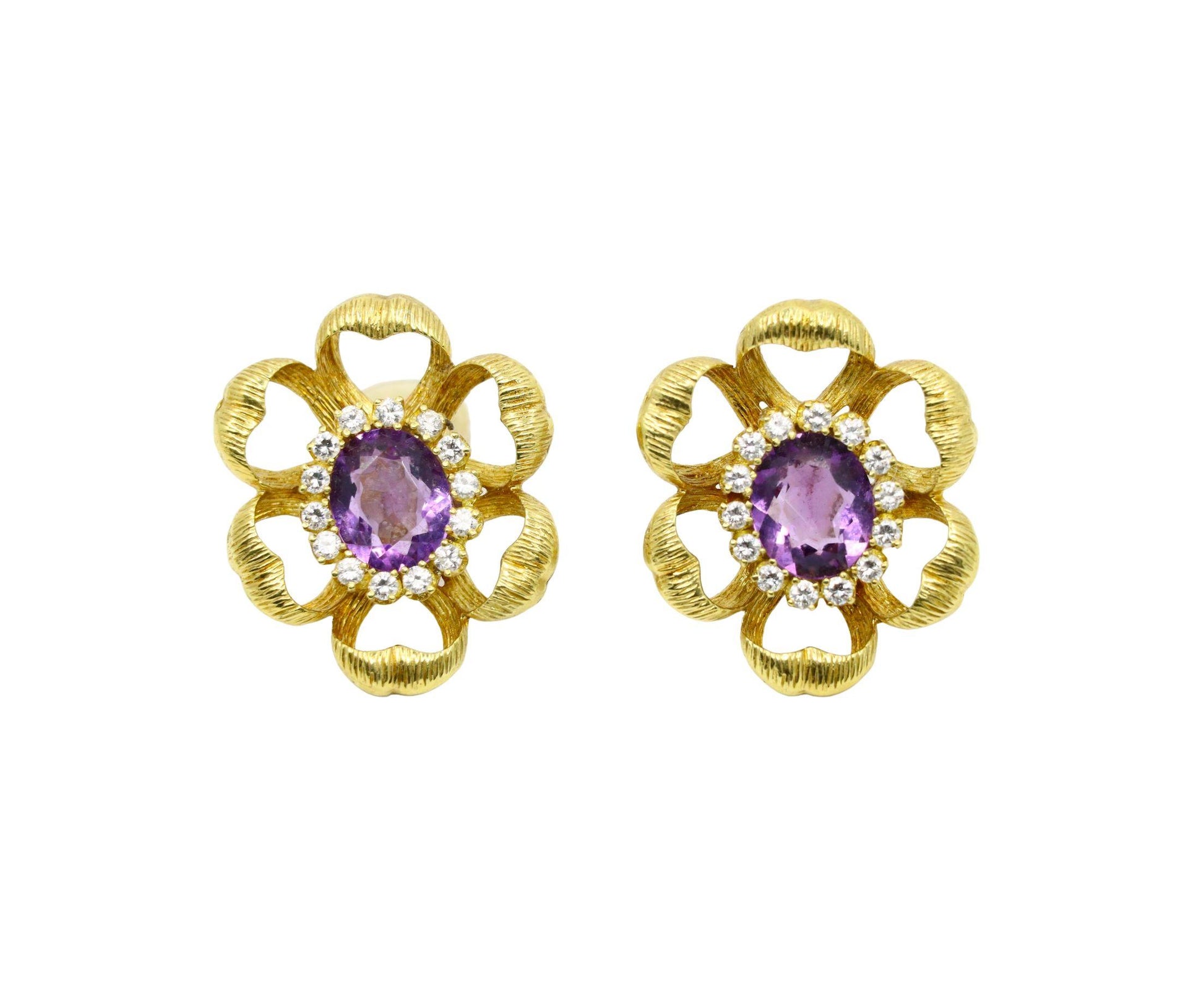18K Gold Amethyst Diamond Flower Earrings