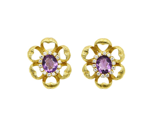 18K Gold Amethyst Diamond Flower Earrings