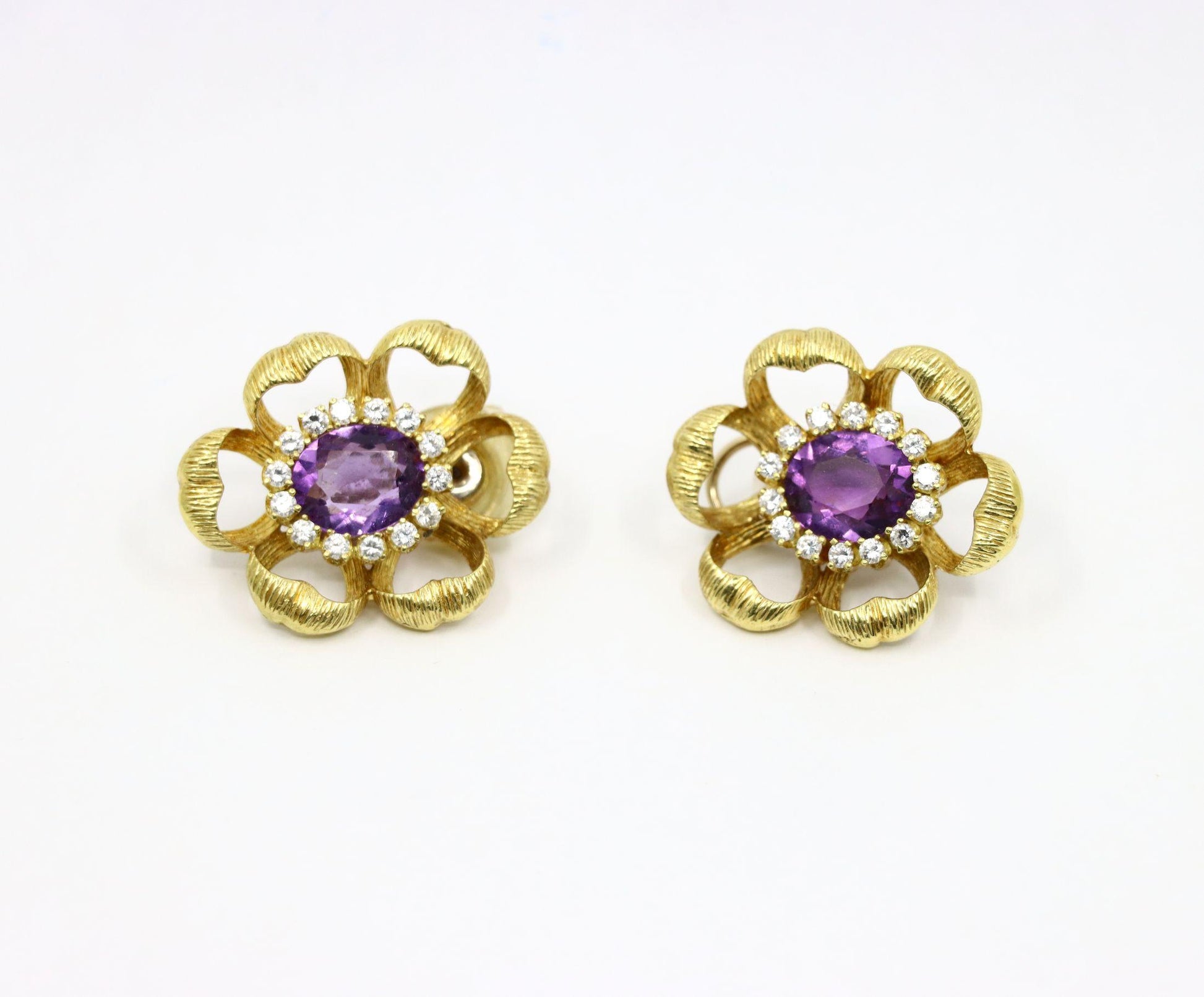 18K Gold Amethyst Diamond Flower Earrings