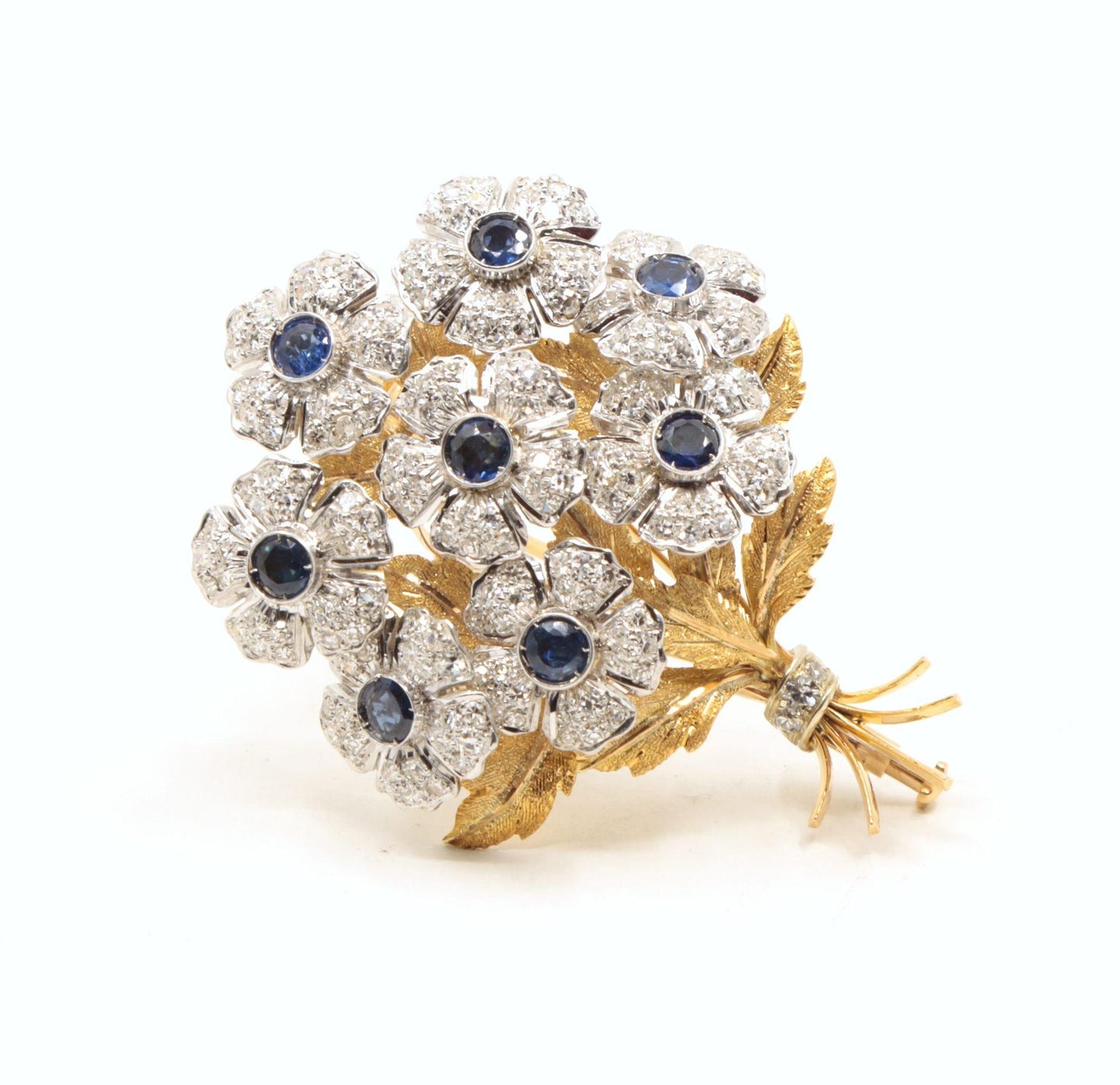 Rare Buccellati 18K Gold & Platinum En Tremblant Sapphire Diamond Set Brooch Pin