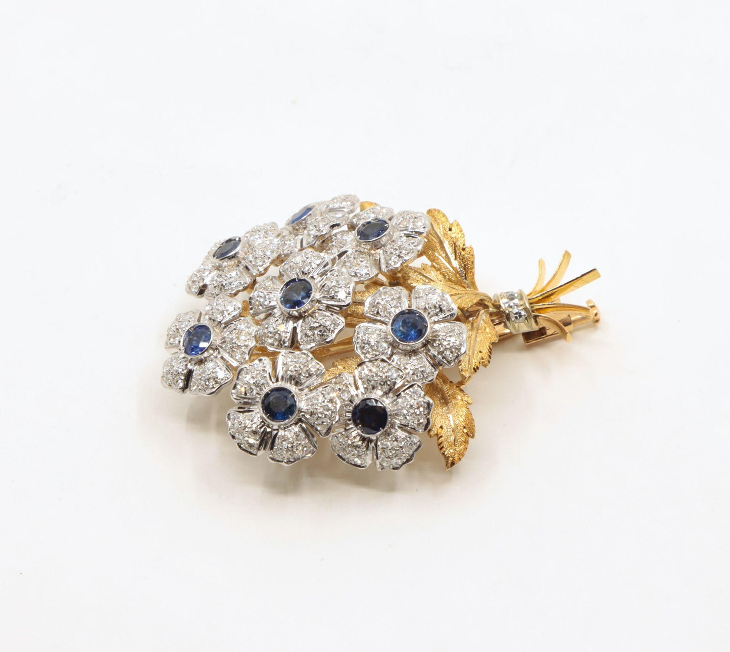 Rare Buccellati 18K Gold & Platinum En Tremblant Sapphire Diamond Set Brooch Pin