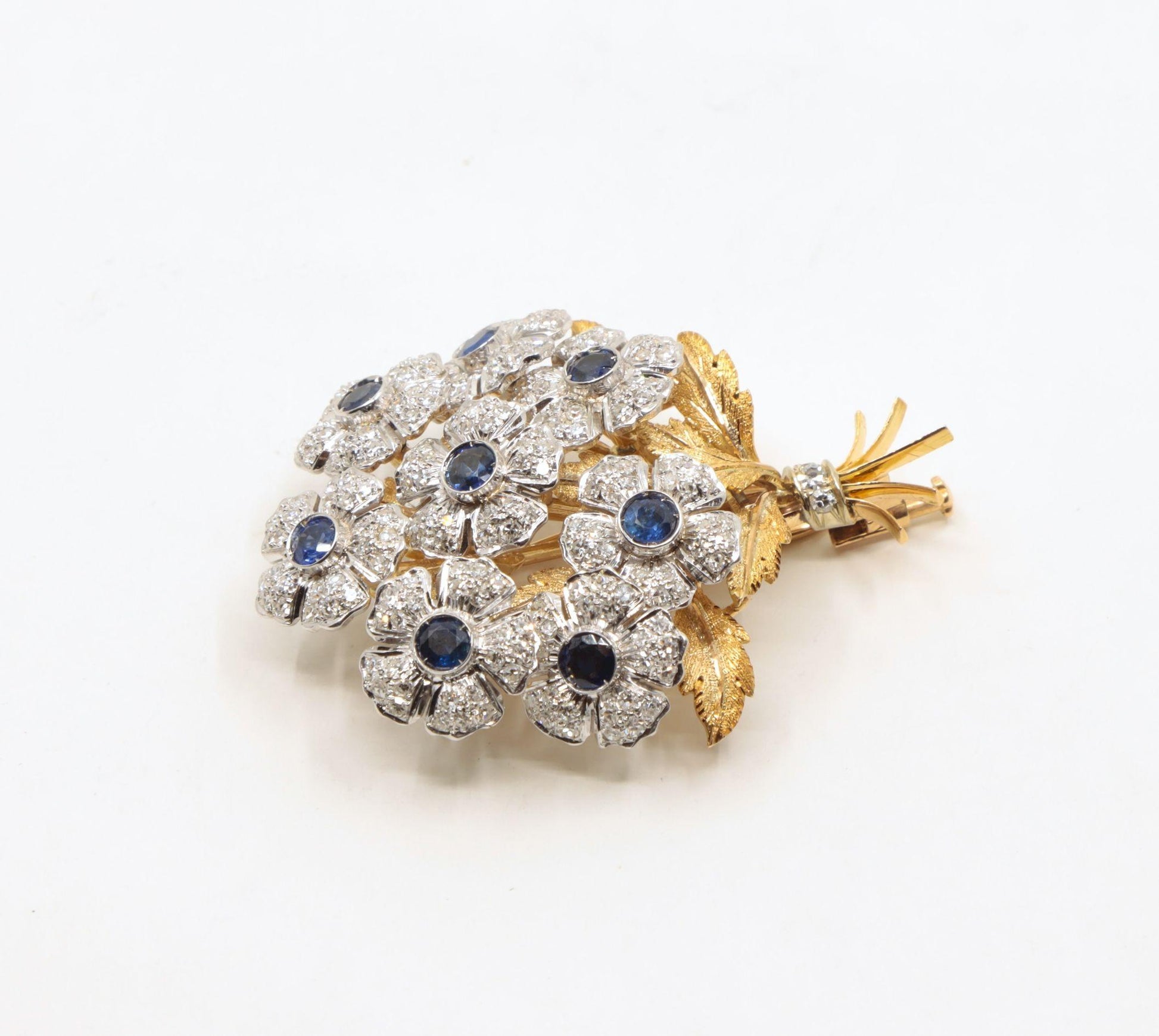Rare Buccellati 18K Gold & Platinum En Tremblant Sapphire Diamond Set Brooch Pin