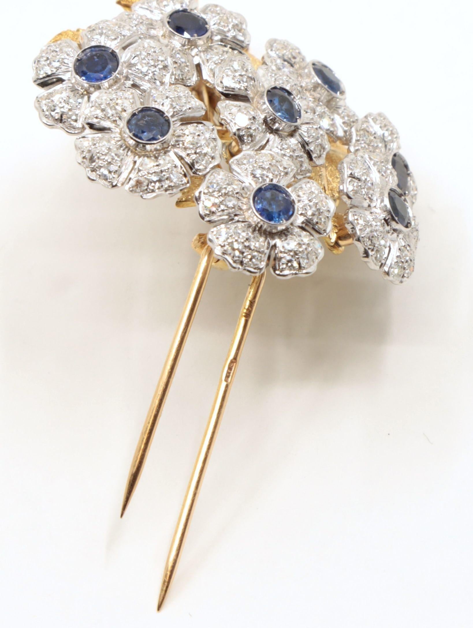 Rare Buccellati 18K Gold & Platinum En Tremblant Sapphire Diamond Set Brooch Pin
