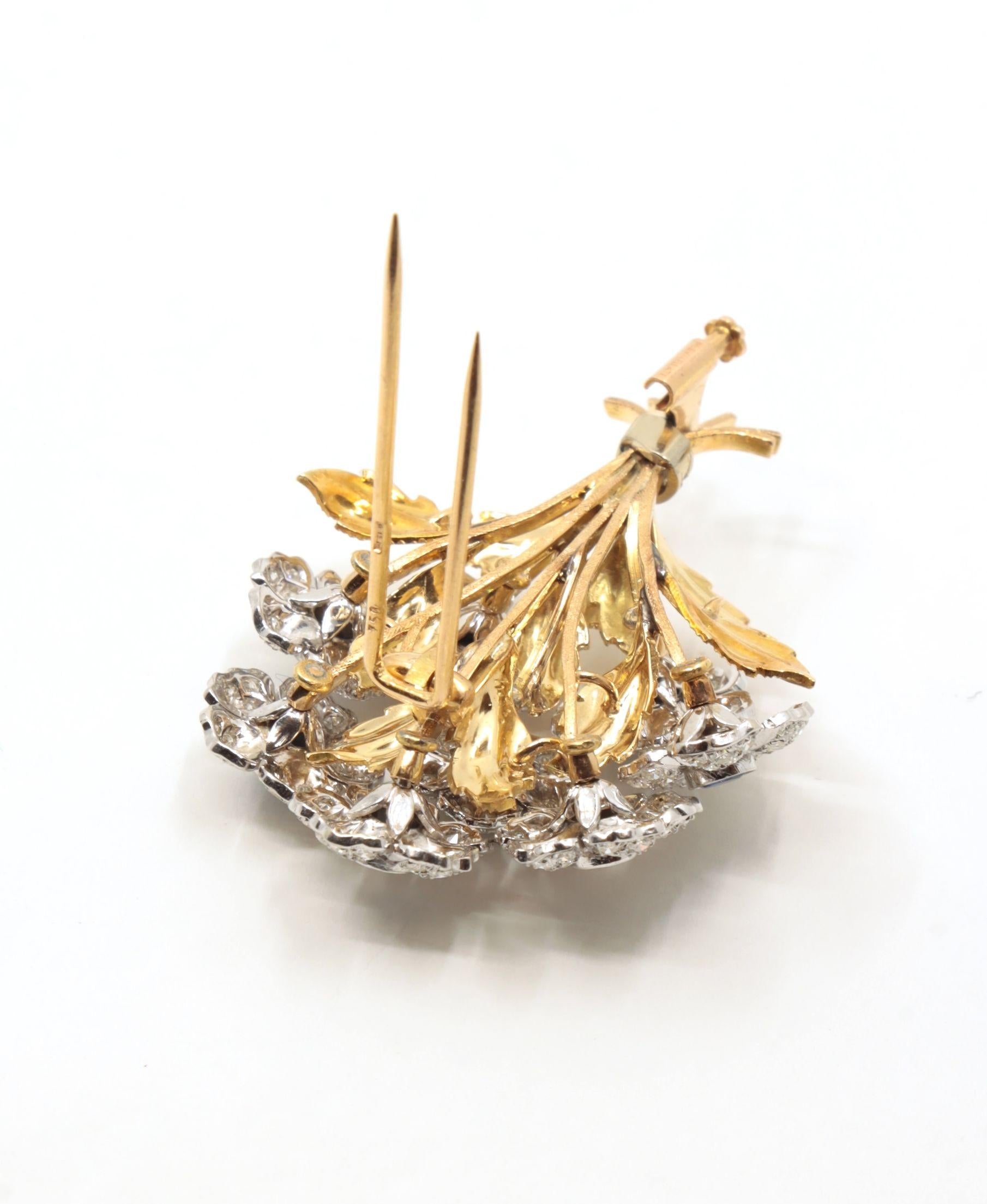 Rare Buccellati 18K Gold & Platinum En Tremblant Sapphire Diamond Set Brooch Pin