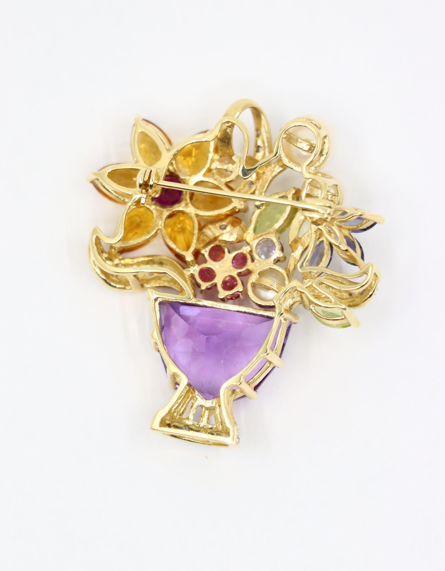 14K Gold Muti-Gemstone Blossom Bouquet Brooch