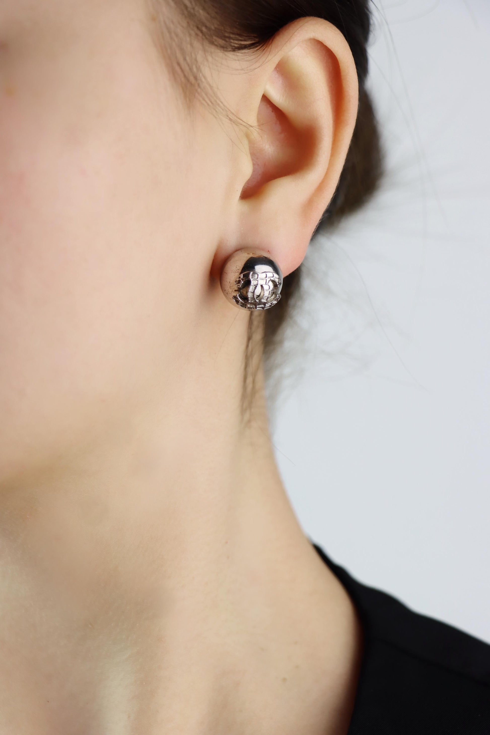 Chanel Silver Tone Double C Logo Round Earring