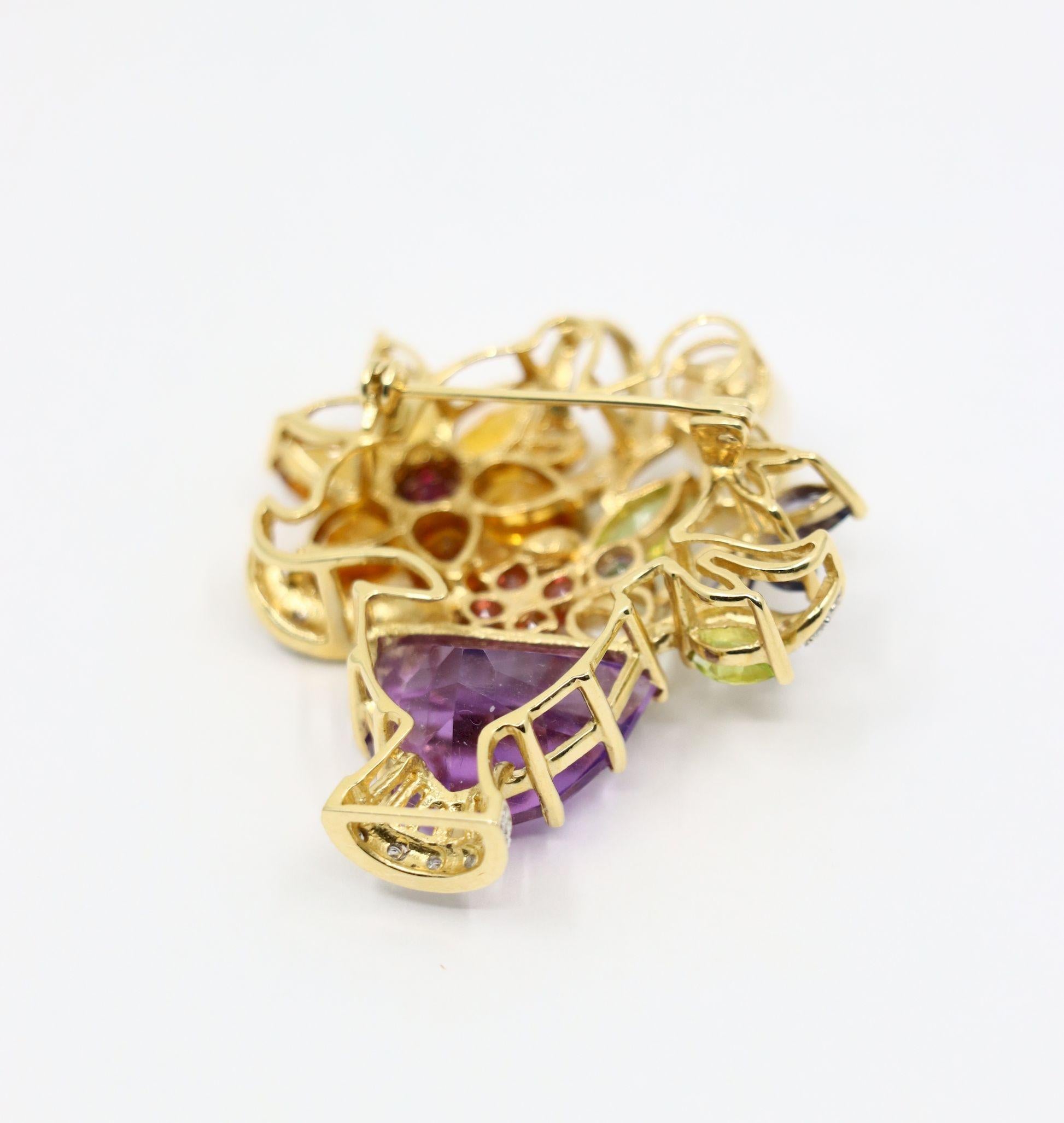 14K Gold Muti-Gemstone Blossom Bouquet Brooch