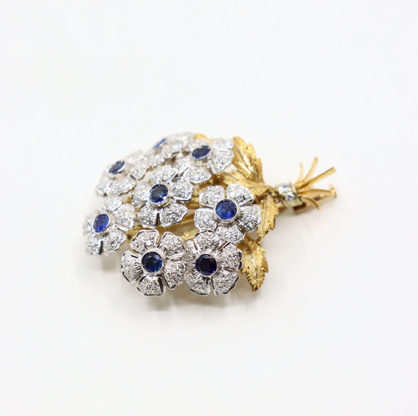 Rare Buccellati 18K Gold & Platinum En Tremblant Sapphire Diamond Set Brooch Pin