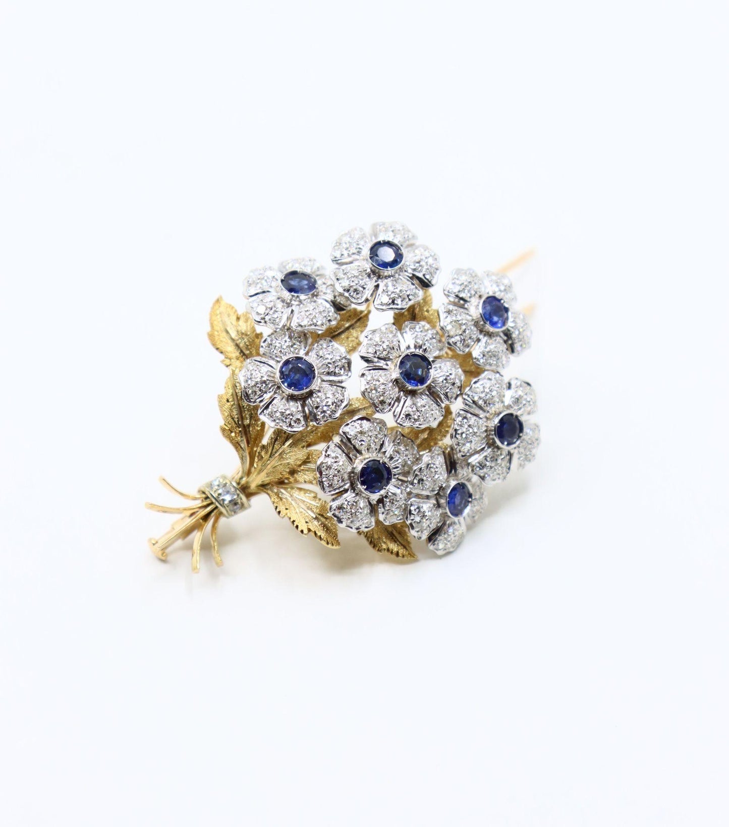 Rare Buccellati 18K Gold & Platinum En Tremblant Sapphire Diamond Set Brooch Pin
